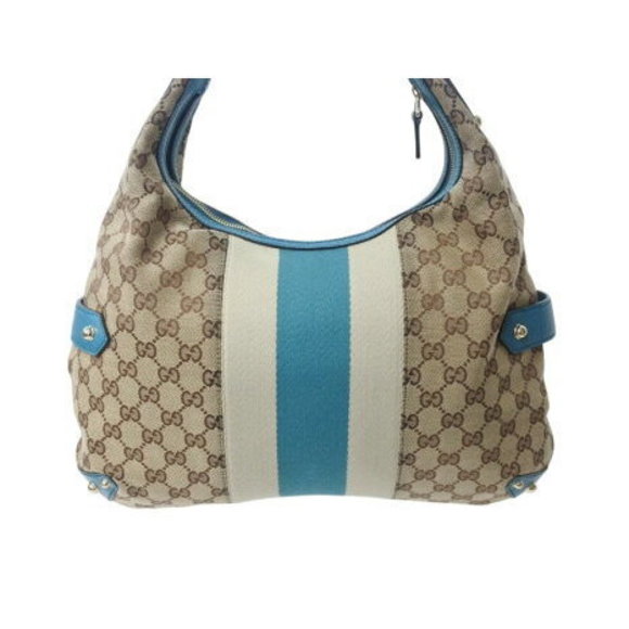 Gucci beige Blue Shoulder Horsebit Turquoise canvas Bag GG - Picture 3 of 9